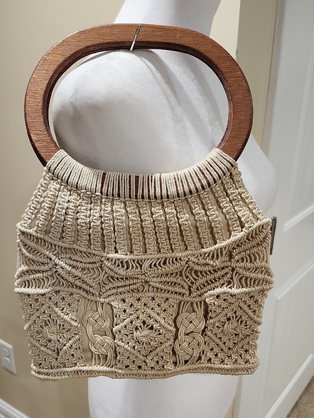 Vintage Cream Macrame Satchel with Wooden Handles